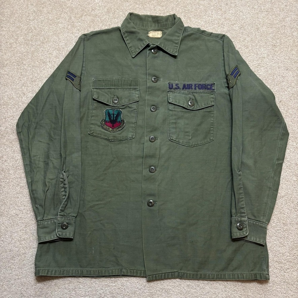 Vtg 60s USAF OG-107 Shirt Mens Medium Green Twill Button Up LS TAC Vietnam